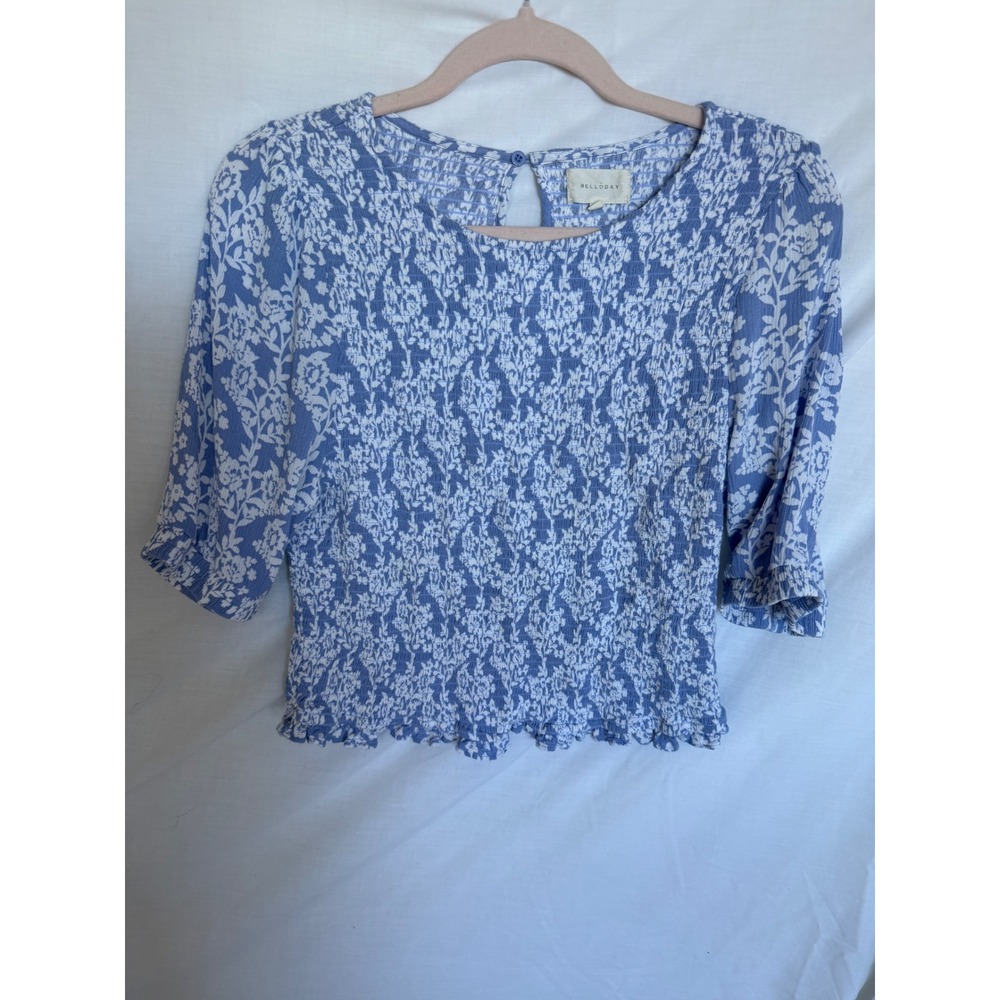 Melloday Women Blue White Floral Smocked Puff Sleeve Ruffle Hem Blouse XL